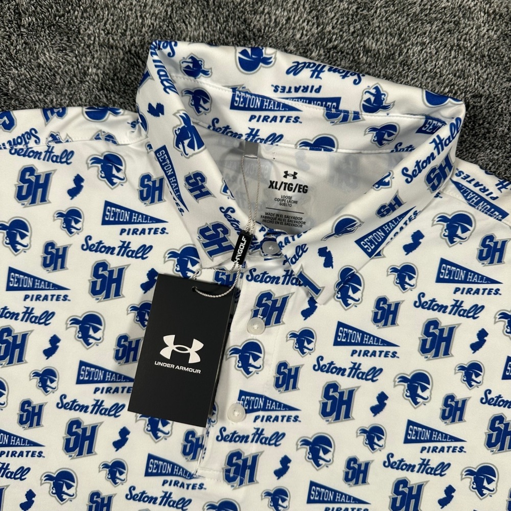 Seton Hall Pirates Under Armour Polo Shirt Mens XL White All Over Print Golf NEW